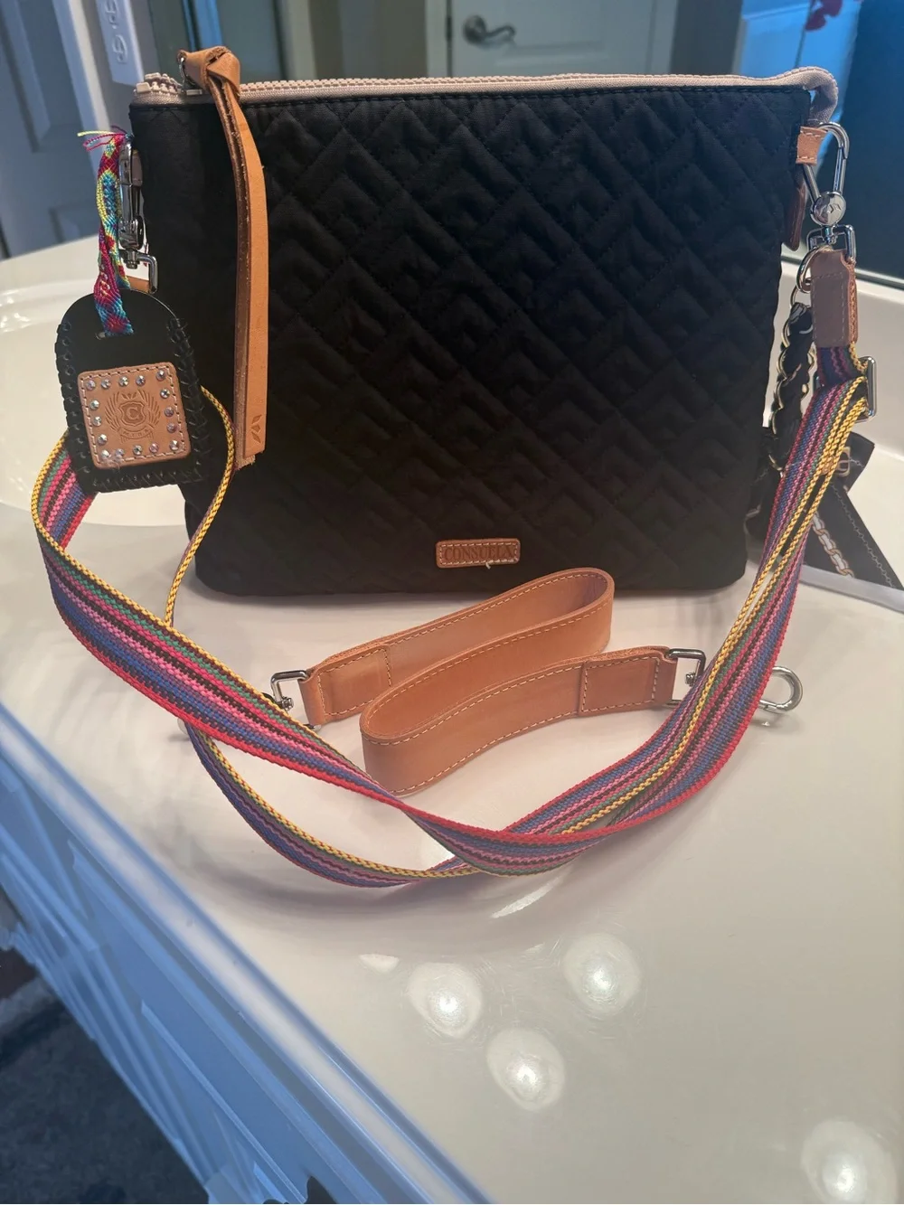 Consuela Black Quilted Crossbody Clutch Rainbow Strap EUC + Accessories - Picture 1 of 13